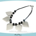 black stone necklace with metal leaf silver nekclace for woman